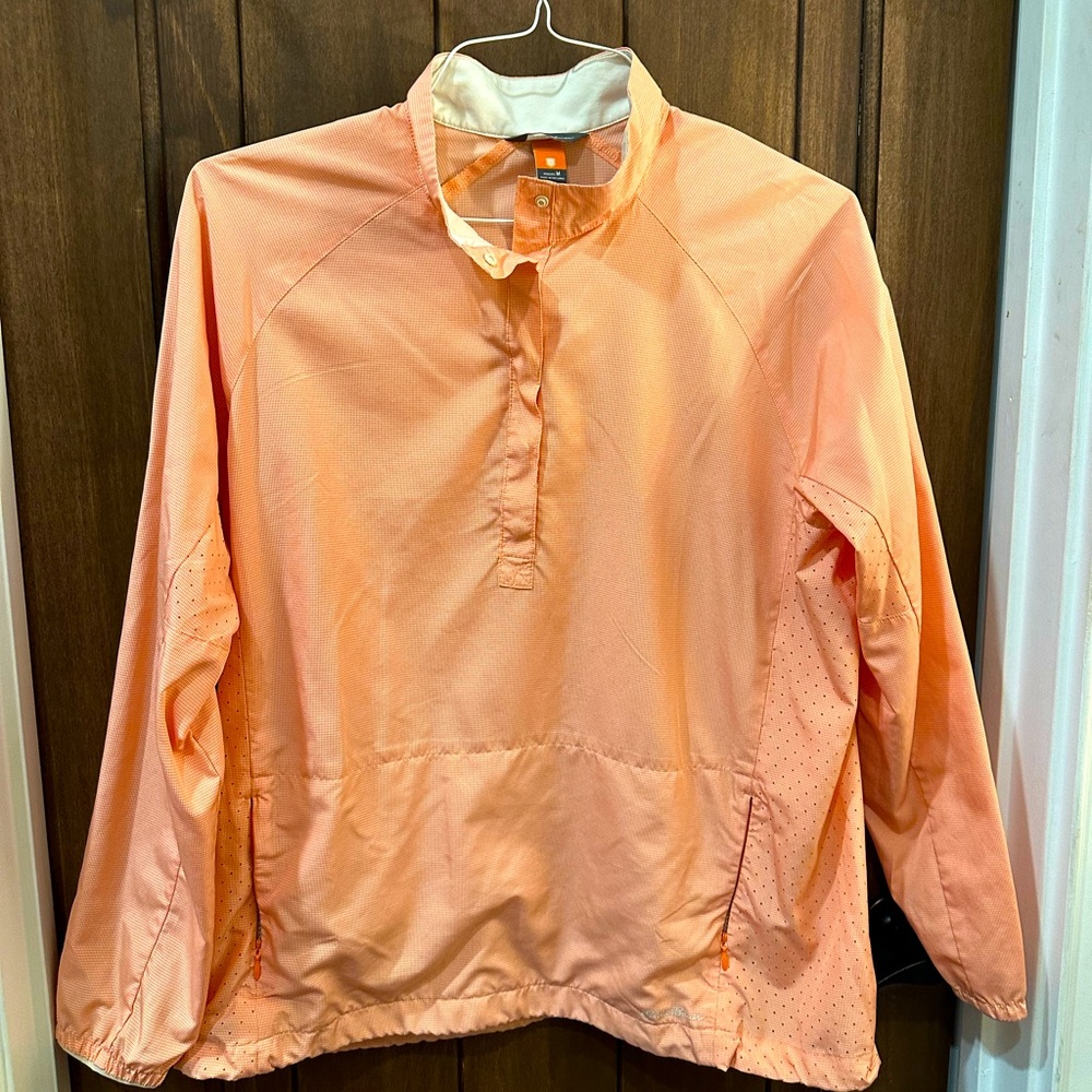 Eddie Bauer Women’s 1/4 button up collar orange checked, medium fitness jacket